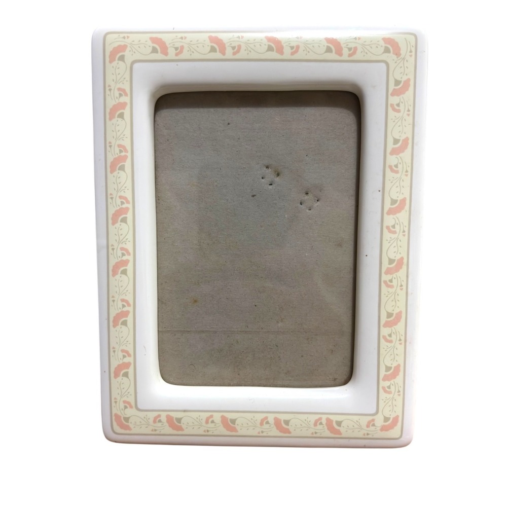 Vintage 80s Ceramic Picture Frame Pastel Pink Art Deco Motif Velvet Backing 4x6